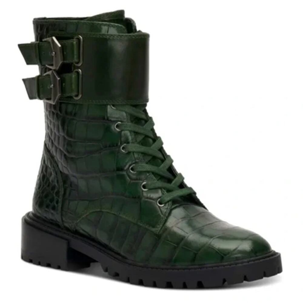 Vince Camuto Fawdry Croc Embossed Buckle Combat Boots Green Size 5.5 - Picture 1 of 5